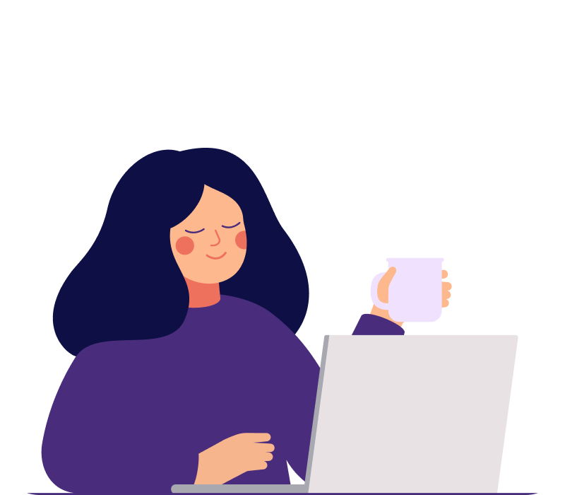 Illustration of a woman with long dark hair in a purple sweater working at a grey laptop and holding a lilac mug.