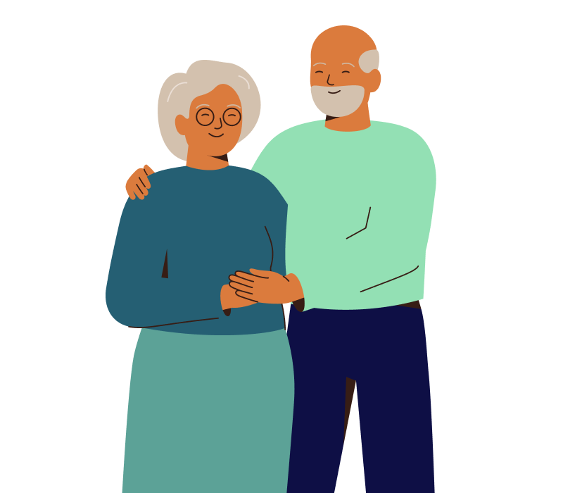 Illustration of an older woman wearing a blue jumper and teal skirt and an older man wearing a green jumper and blue trousers, who has his arm around her.
