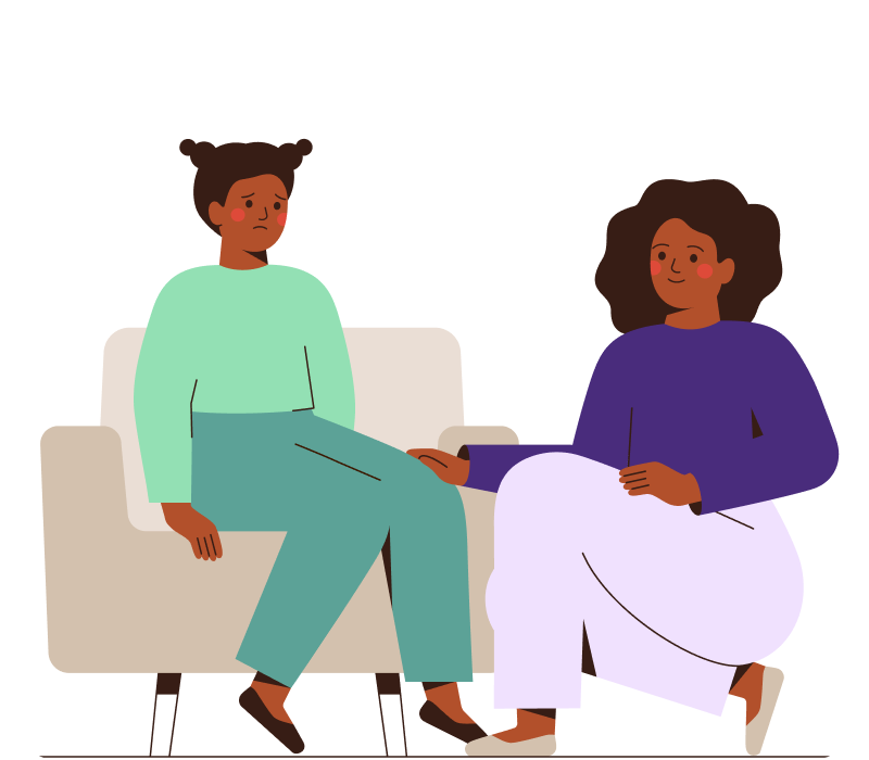Illustration of a woman and teenager. The woman is dressed in purple and kneels beside the teenager who is dressed in green and seated in a white chair. The woman has her hand on their knee.