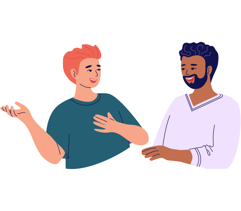 Illustration of a woman with short ginger hair in a green t-shirt talking with a man with brown skin in a purple jumper. They are both smiling.